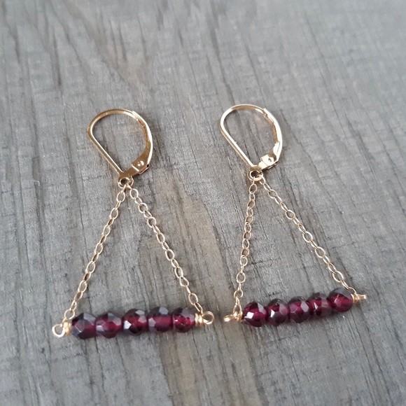 Garnet Earrings Lever Back 14k gold fill Dainty Dangle Handmade Natural Gemstone - Picture 3 of 4